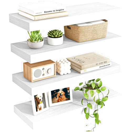 Fixwal 15.8in Floating Shelves, Rustic Wood Finish Wall Shelves Set of 4, Shelves for Wall Decor, with Invisible Brackets for Bathroom, Living Room,Bedroom and Kitchen(White)