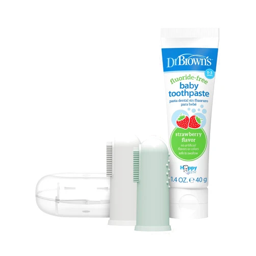 Dr. Brown's 100% Silicone Baby Finger Toothbrush and Toothpaste Set, 2-Pack Toothbrush with Storage Case, Fluoride-Free Strawberry Toddler Toothpaste, Gray & Light-Green