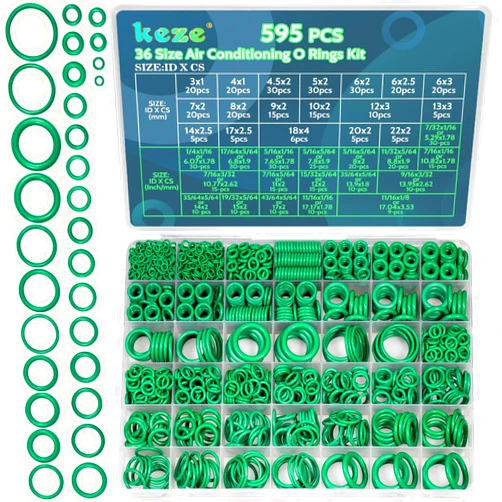 KEZE 595 Pcs Air Conditioning O Ring Kit,36 Size Seal Rubber O-Rings Assortment Set for Compressor Automotive A/C Plumbing Repair ID:3-22mm (Green)