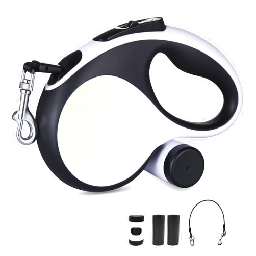 PETLEEPAA 26Ft Retractable Dog Leash with Chew Proof Cable,Heavy Duty Dog Leash with Removable Poop Bags for Medium Large Dogs up to 110lbs,Strong Nylon Tape No Tangle,One-Handed Brake (White)