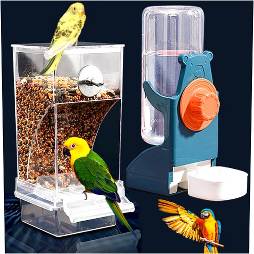 Kenond No Mess Bird Feeder Water Dispenser Set, Automatic Parrot Feeder Cage Accessories, Clear Parakeet Seed Container Food Feeder Drinker for Cage, Cockatiel Finch Lovebirds Budgies Canary (Blue)