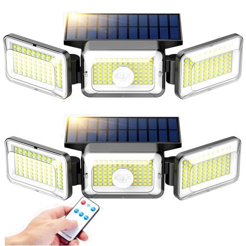 Mokot Solar Lights Outdoor, 218LED 2500LM Solar Motion Sensor Outdoor Lights, 3 Head IP65 Waterproof Solar Powered Flood Security Lights for Outside- Pack of 2