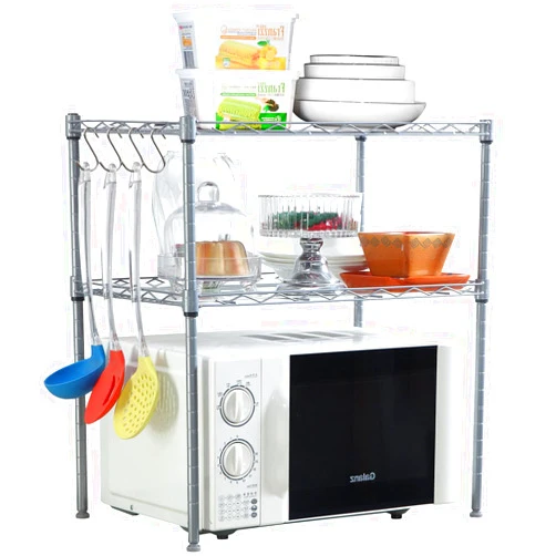 PayLessHere 3-Tier 21'' Microwave Rack Kitchen Supplies Tableware Storage Stand Organizer with 4 Hooks，Microwave Oven Rack Shelf Unit for Kitchen Utensils, Towels, Mits, and More, Silver Gray
