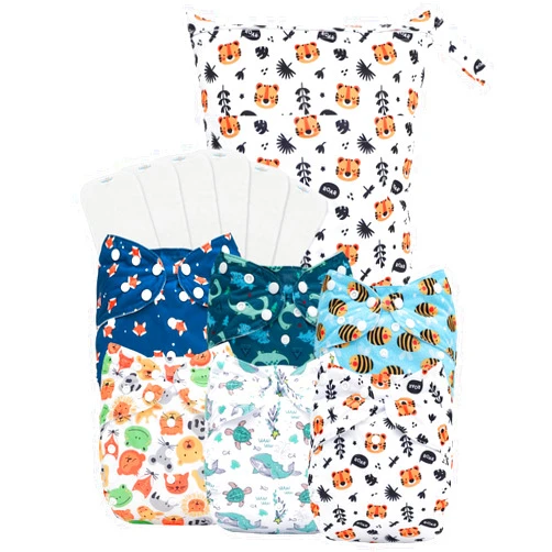 babygoal Large Cloth Diapers Pack of 13 for 3-5 Year Toddlers, Cloth Diaper Covers 6 Pack with 6pcs Inserts and Wet Bag, Reusable Washable & Waterproof 6ZFB12-ZMB-B