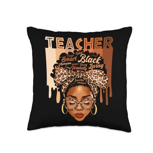 Black History Month And Juneteenth Apparel MVV Teacher Magic Black History Month Afro Hair Melanin Throw Pillow, 16x16, Multicolor