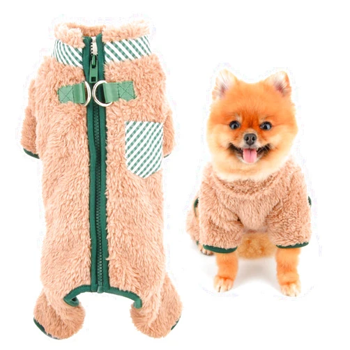 SMALLLEE_LUCKY_STORE Plush Fleece Dog Coat for Small Dog with Double D-Ring Zipper On Back Pet Jumpsuit Puppy Pajamas Winter Fall Pjs Chihuahua Yorkie Thermal Clothes, Khaki, L