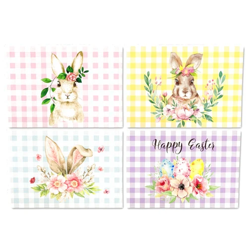AnyDesign Easter Burlap Placemats Watercolor Bunny Flower Eggs Table Mats Happy Easter Placemat 12 x 18 Inch Buffalo Plaid Spring Table Mats for Easter Party Home Kitchen Decor Supplies, 4Pcs