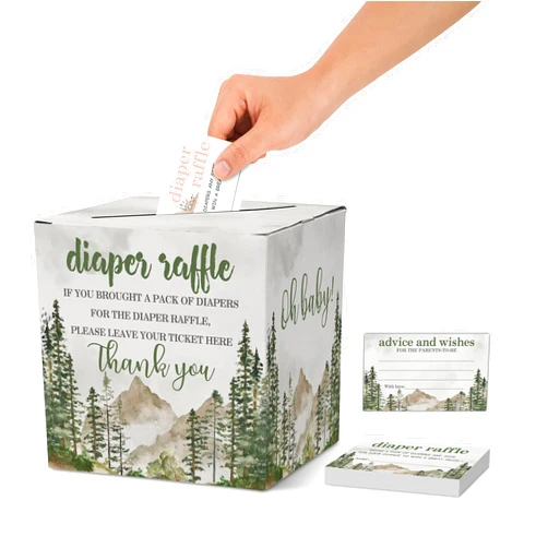 Yuansail Diaper Raffle Tickets For Baby Shower, Forest Themed Baby Shower Card Box and Advice Cards, Party Favors Decorations Supplies Game Cards, 1 Card Collection Box & 50 Cards Per Pack（bb003 hezi）