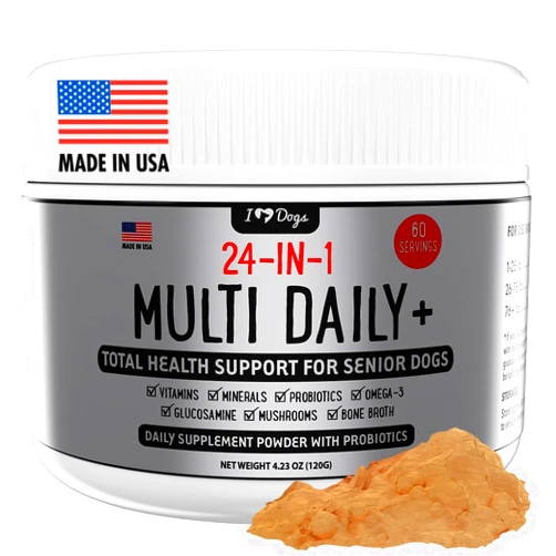 iHeartDogs 24-in-1 Senior Multivitamin Daily+ Total Health Support Powder with Probiotics, Omega-3, Glucosamine, Mushrooms & Bone Broth- 60 Servings