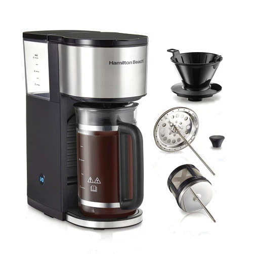 Hamilton Beach Home Barista 7-in-1 Small Coffee Maker with Seven Ways to Brew, 6 Cup Carafe, Drip, Single Serve, French Press, Pour Over, Cold Brew, Easy-Fill Reservoir, Black (46251)