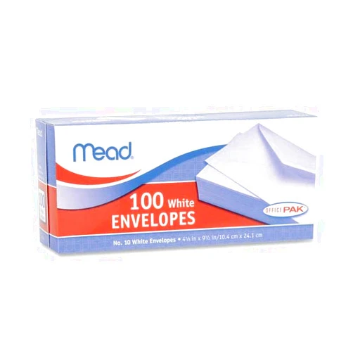 MEAD PRODUCTS MEA75050 Plain Envelopes, Gummed, No 10, White Pack Size: 100
