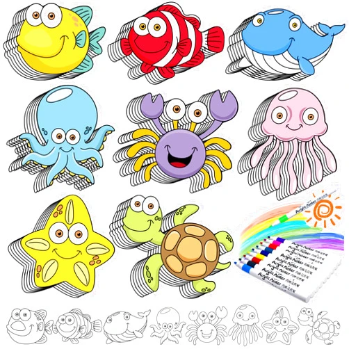Cheelyvin.H 48 Pcs Ocean Animal Crafts for Kids, Color Your Own Ocean Animal Caft Magnets, DIY Items for Operation Christmas Child for Classroom Decoration Art Activities Party Favors (Ocean Animal)