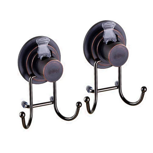 JiePai Vacuum Suction Cup Hooks Shower Bath Towel Hooks Hanging Towel Holder Wall Towel Rack Organizer for Kitchen, Bathrobe,Loofah,Bronze (2 Pack)