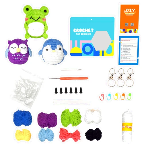 KinSeng Crochet Kit for Beginners,Beginner Crochet Kit with Step-by-Step Video Turorials,3 Pattern Animals-Owl,Penguin,Frog,DIY Knitting Craft for Adults and Kids (Owl Penguin and Frog)