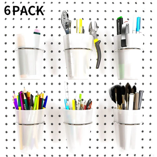 Kuhome 6 Set Pegboard Hooks with Cups, Ring Style Bins with Rings, Pegboard Cup Holder Accessories for Organizing Storage (Transparent)