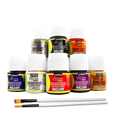 Moshify Pebeo Vitrea 160 Glass Paint - Transparent Colour Glossy and Brilliant - Made in France - DIY Craft Paint for Stained Glass and More - Set of 8 Colors Bundled Application Brushes