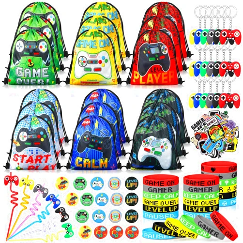 Sadnyy 140 Pcs Video Game Party Favors Birthday Party Decorations Supplies Drawstring Bags with Silicone Bracelets Keychains Straws Button Pins Stickers for Classroom Rewards Goodie Bags Stuffers