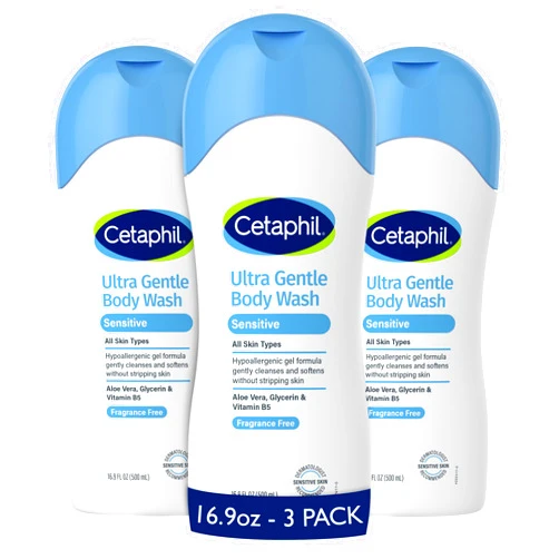 Cetaphil Ultra Gentle Body Wash, For Dry to Normal, Sensitive Skin, 16.9oz Pack of 3, Aloe Vera, Vitamin B5, Hypoallergenic, Paraben Free, Fragrance Free, Dermatologist Tested