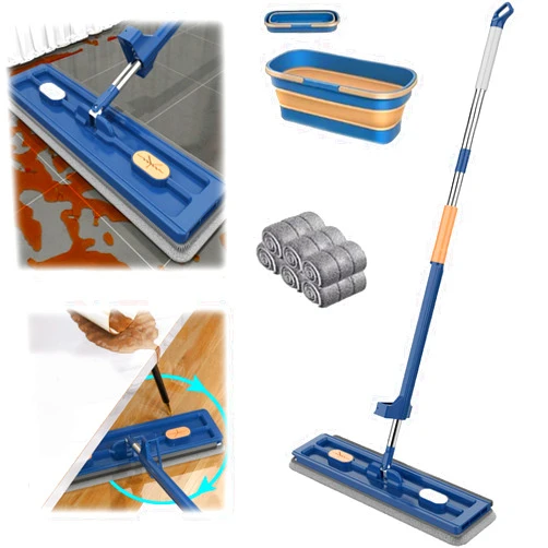 Dsyrvd Streamline Mop Large Flat Mop,2024 New Upgrade Style Large Flat Mop,Streamline Mop，Large Flat Mop with Bucket,with Dewatering Scraper,360 Rotating Wet and Dry (blue)