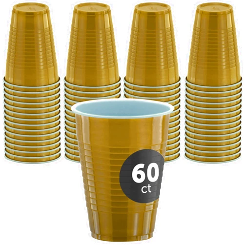 DecorRack Gold Plastic Cups, 12 oz Disposable Cups, Party Supplies (60 Count)