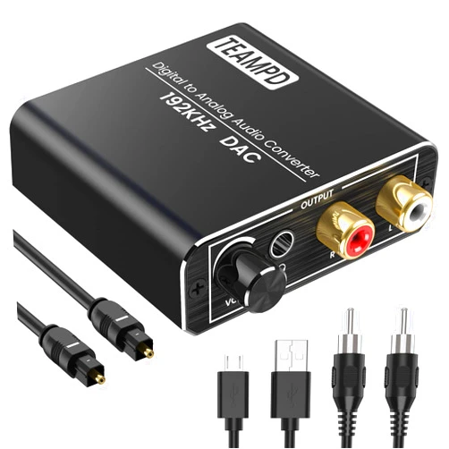 TEAMPD 192KHz Digital to Analog Audio Converter with Volume Adjustment Aluminum Optical to RCA Converter with Optical Coaxial Cables, DAC Toslink Optical Digital to Stereo RCA (L/R) and 3.5mm Jack