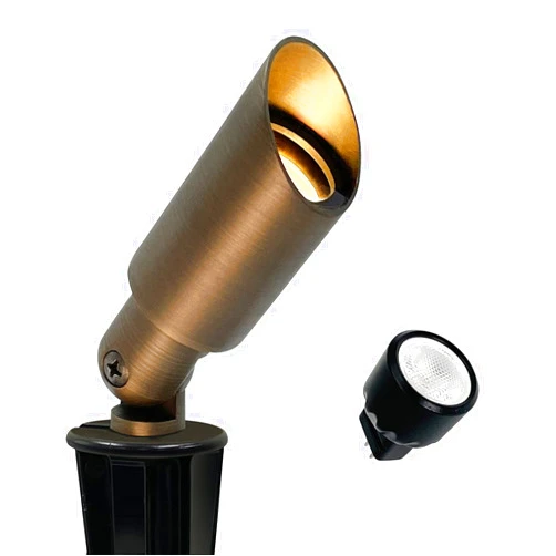 GKOLED Mini Size Brass Landscape Spotlight, Low Voltage 12V AC/DC Outdoor Directional Up Light, 180 LM, 3W MR8 LED Bulb ABS Ground Stake, 2700K Warm White, Garden Patio Trees Spot Uplight