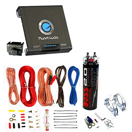 Planet Audio New Planet Audio AC15001M 1500 Watt MONOBLOCK Car Audio Amplifier and 2.0 Farad Capacitor and 8 Gauge Amplifier Kit Includes Cables, Hardware, Accessories