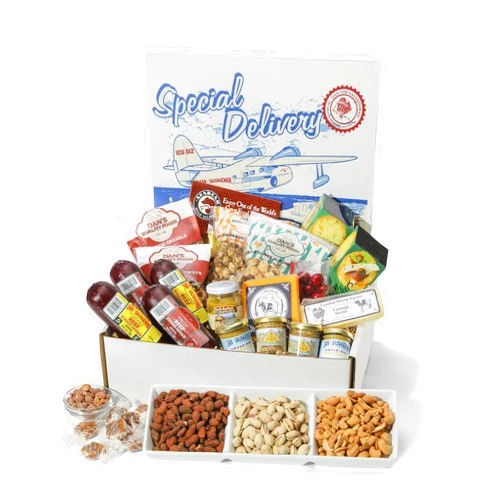 Dan the Sausageman Special Delivery Gift Box – Summer Sausages, Swiss & Cheddar Cheese, Mustard, Olives, Pretzels, Popcorn, Granola, Smoked Salmon, Almond Roca and 19 ounces of assorted roasted nuts – 26-Item Gourmet Gift Box