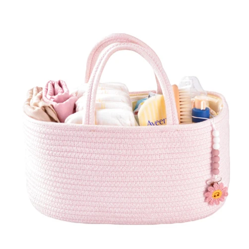 XUANGUO Baby Diaper Caddy Organizer for Girl Boy Rope Nursery Storage Bin Basket Portable Holder Tote Bag for Changing Table Car Travel Baby Shower Gifts Newborn Essentials Registry Must Have Items Pink