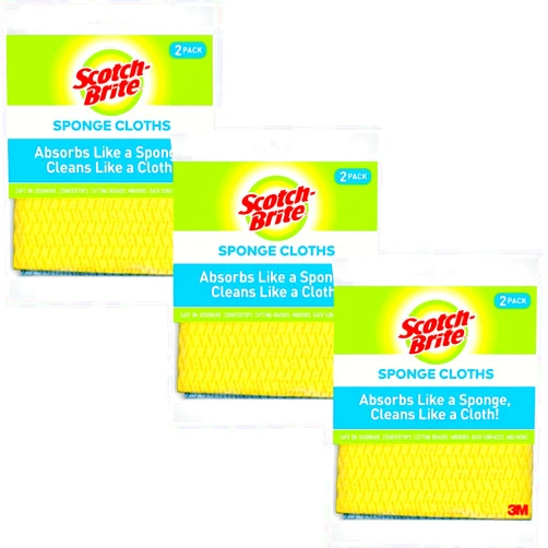 Scotch-Brite Sponge Cloth – 6-Pack (3 Packs of 2 Each), Reusable and Washable, Highly Absorbent, Multi-Purpose Cleaning Cloths