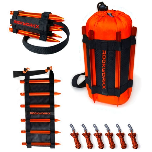ROCKWORKX USA Tent Stakes Kit, Heavy-Duty Aluminum Metal Ground Pegs, Compression Travel Bag, 6 Tent Pegs & Line Adjusters for Camping Tarps & Hammocks, Lightweight, Hammock Not Included.