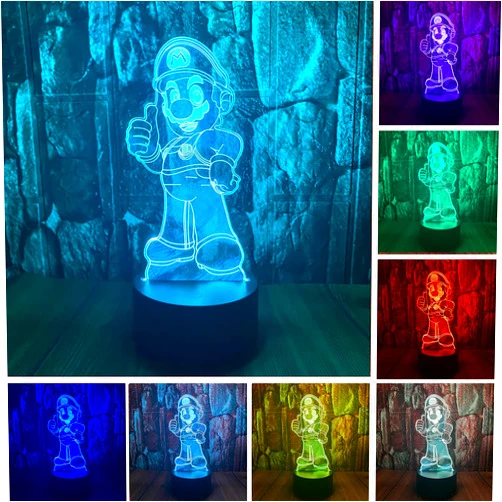 Junnire Cute Super Mario Bros Anime Figure Character 3D LED Optical Illusion Sleep Night Light with Remote 16 Colors Bedroom Decor Table Lamp Birthday Xmas Gifts for Child Kids 3