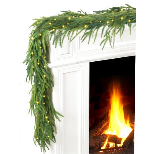 Jazipo 6FT Real Touch Norfolk Pine Garlands with 50 Lights, Artificial Christmas Garland Outdoor Decor 8 Mode Timer Waterproof for Table, Mantle, Wall, Indoor
