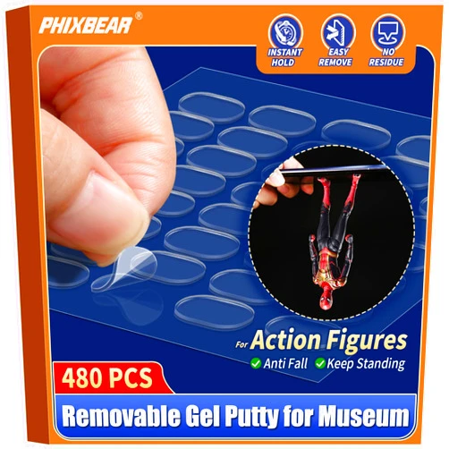 PHIXBEAR 480 Pcs Removable Gel Glue Putty for Museum Action Figures, Clear Earthquake Putty Adhesive Dots, Sticky Tack for Wall Hanging, 0.31x 0.51 Wax Mounting Putty