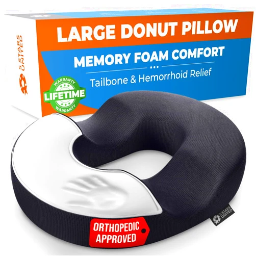 5 STARS UNITED Donut Pillow Hemorrhoid Tailbone Cushion – Large Cushion for Pain Relief – Coccyx, Prostate, Sciatica, Pelvic Floor, Pressure Sores, Pregnancy, Postpartum Recovery, Black