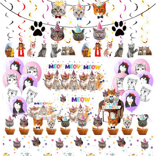 Juhap 96Pcs Cat Birthday Party Supplies, Kitten Birthday Decorations Includes Plates, Napkins, Table Covers, Cake Toppers, Balloons, Cat Banners, Swirls for Meow Kitty Theme Birthday Party Supplies