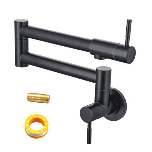 HAMOLER Pot Filler Folding Kitchen Faucet Double Joint Swing Arm Sink Faucet Wall Mount Pot Filler Folding Faucet Single Hole Pot Fillers for Stove, Matte Black