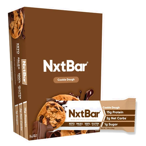 NxtBar Keto Bars Low Sugar Low Carb Protein Bars - Healthy Paleo Snack - Keto Diet Snack Bars for Adults - 1g Sugar, 2g Net Carbs, 15g Protein - Cookie Dough Flavor - 12 Pack
