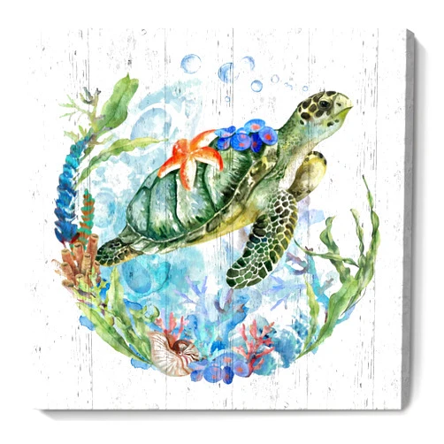 Amatop Canvas Wall Art Bathroom Coastal Decor Sea Turtle Canvas Picture Framed Ocean Beach Theme Seascape Artwork Green Blue Nautical Sealife Animal Starfish Coral Conch Seaweed Canvas Print for Baby Nursery