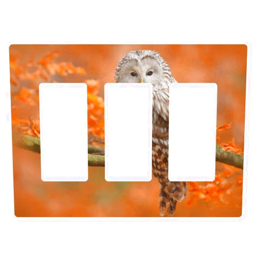 YYZZH Cute Owl On Tree Branch Orange Leaf Autumn Oak Forest Wildlife Nature Scene Triple Gang Rocker Switch Plate 6.5