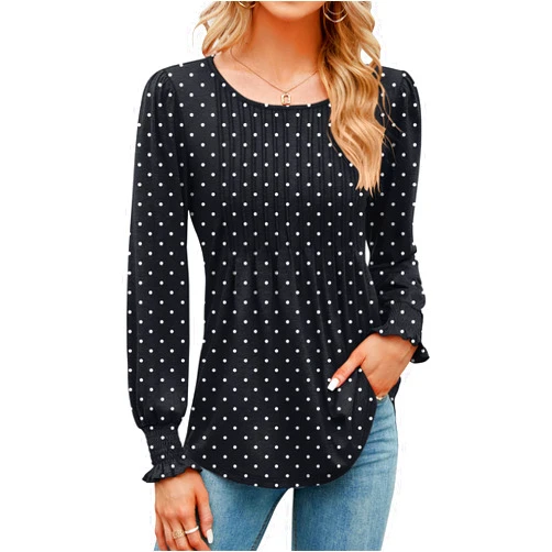 LOMON Women's Summer Puff Long/Short Sleeve Tunic Tops Pleated Crew Neck Shirts Blouses Casual Loose T-Shirts