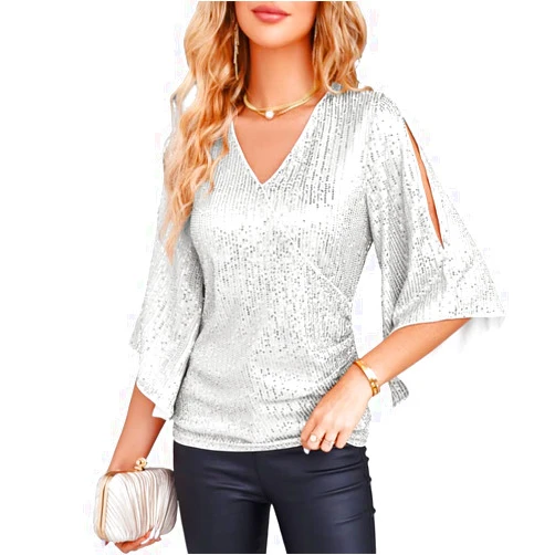 GRACE KARIN Womens Sequin Tops 3/4 Sleeve Glitter Sparkly Party Blouse V-Neck Dressy Tops for Evening Party