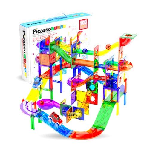 PicassoTiles 108pc 3-in-1 Marble Run Car Race Track Combo Magnetic Tiles PicassoToys Magnet Building Block Educational Construction Toy Playset STEM STEAM Learning Kit Child Brain Development PTG108