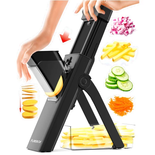 Fullstar Safer Mandoline Slicer for Kitchen, Cucumber Slicer, Potato Slicer, Julienne Vegetable Slicer, Vertical Mandoline Food Slicer Kitchen Mandoline Slicer, Fruit Slicer (4-in-1, Solid Black)