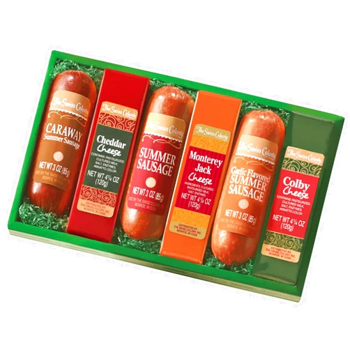 The Swiss Colony Sausage & Cheese Bars – Gift Box of 6 with Assorted Cheese, Caraway & Garlic Summer Sausages – Holiday Gift Basket for Adults, Women, Men – Charcuterie, Thank You Gifts