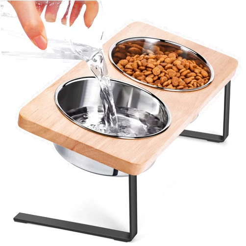 Siooko Elevated Cat Bowls, 15° Tilted Raised Cat Food Bowls Wood Pet Bowls with Stand Anti Vomiting 2 Stainless Steel Bowls for Cats and Puppy