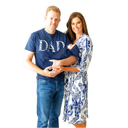 Baby Be Mine Maternity Nursing Delivery Robe & Baby Girl Swaddle Blanket Set with Daddy T-Shirt (Small/Medium Robe -Medium Tshirt, Serra/Navy)