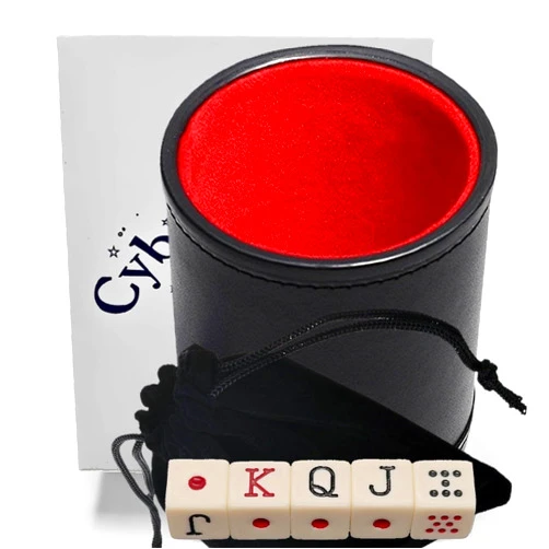 Cyber-Deals Spanish Dice Cup Deluxe Set, PU Leather Premium Cup with Reinforced Base Trim, Soft Cushioned Felt Lining and Ivory Tone Spanish Poker Dice with Pouch (Gift Boxed) - Cubilete Dados Cubanos Mexicano