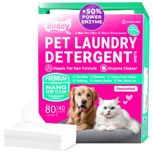 Biidey Pet Laundry Detergent Sheets, Dog Cat Urine Enzyme Cleaner Destroyer, Bed Odor & Stains Eliminator, Dog Drool Smell Remover, Pet Hair Remover for Laundry with Pet Dryer Sheets Feature, 80 Loads