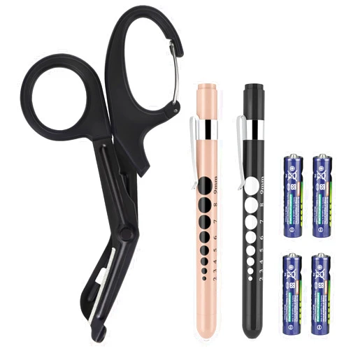 GRICARE 3-Pack Medical Scissors and Pen Light, Medical LED Penlights with Pupil Gauge, Trauma Shears Bandage Scissors with Carabiner-7.5